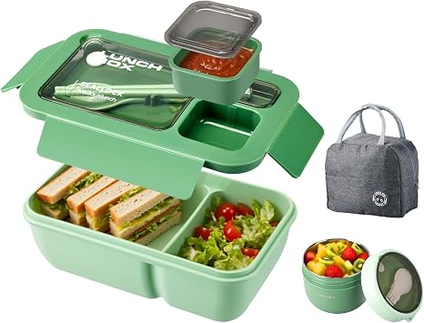 Lunch Box Adults, Bento Box Set with Insulated Lunch Bag, Oats Container, Cutlery, for Microwave Safe, Leakproof Bento Lunch Box for Food Storage, for Men Women Office School Picnic Green