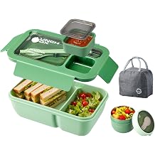 Lunch Box Adults, Bento Box Set with Insulated Lunch Bag, Oats Container, Cutlery, for Microwave Safe, Leakproof Bento Lunch Box for Food Storage, for Men Women Office School Picnic Green