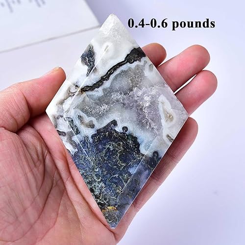 Miniatura 3 de FZBHRO Piedra romboide de ágata musgo decorativa con bloque de cristal curativo con soporte, decoración para el hogar y la oficina, regalos únicos,