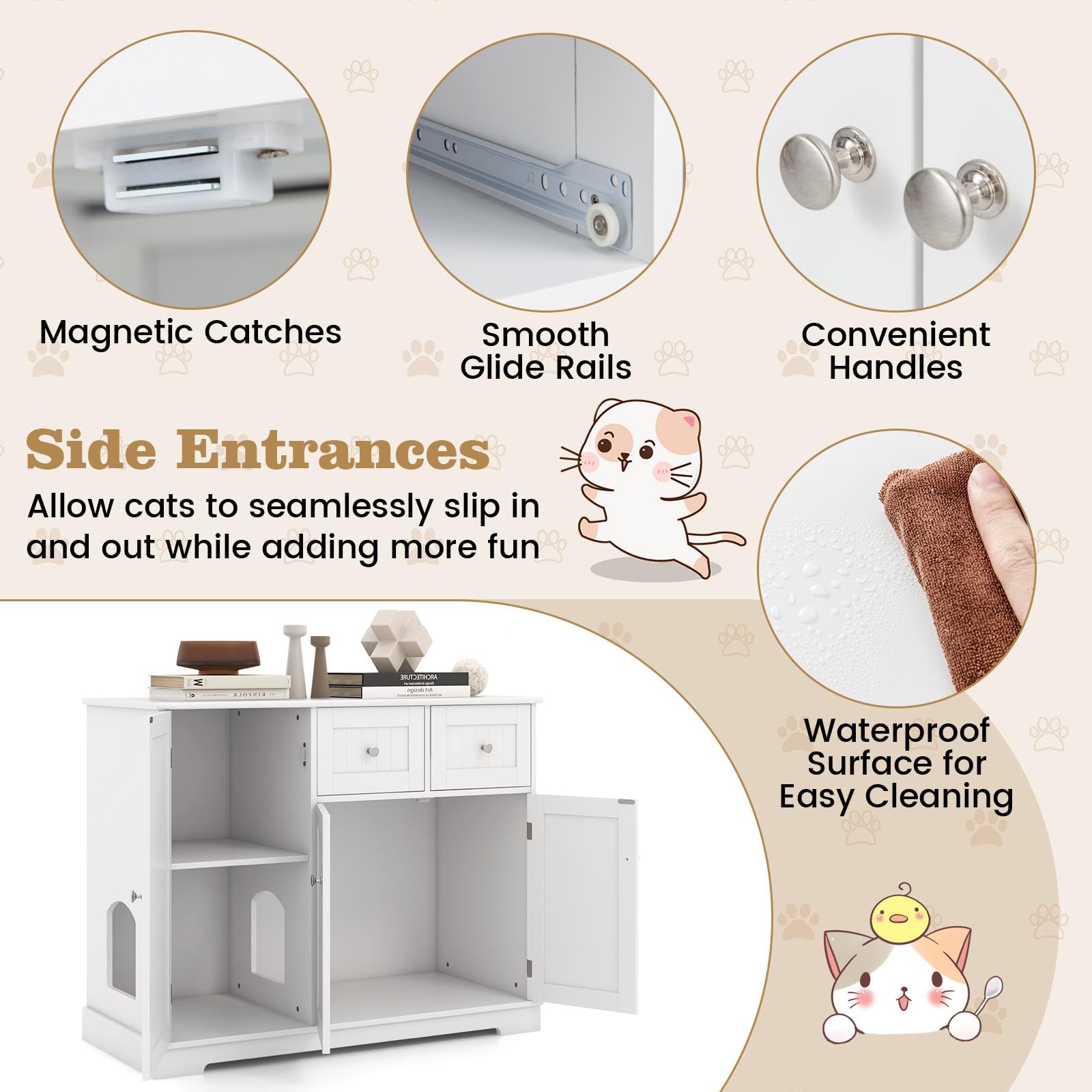 SOARS Maison de Toilette Chat, Mobile per Lettiera per Gatti con 2 Cassetti, 3 Ante e Ingresso Laterale e Dispositivo Anti-Rovesciamento, per Interni, 100 X 45 X 80 CM, Bianco