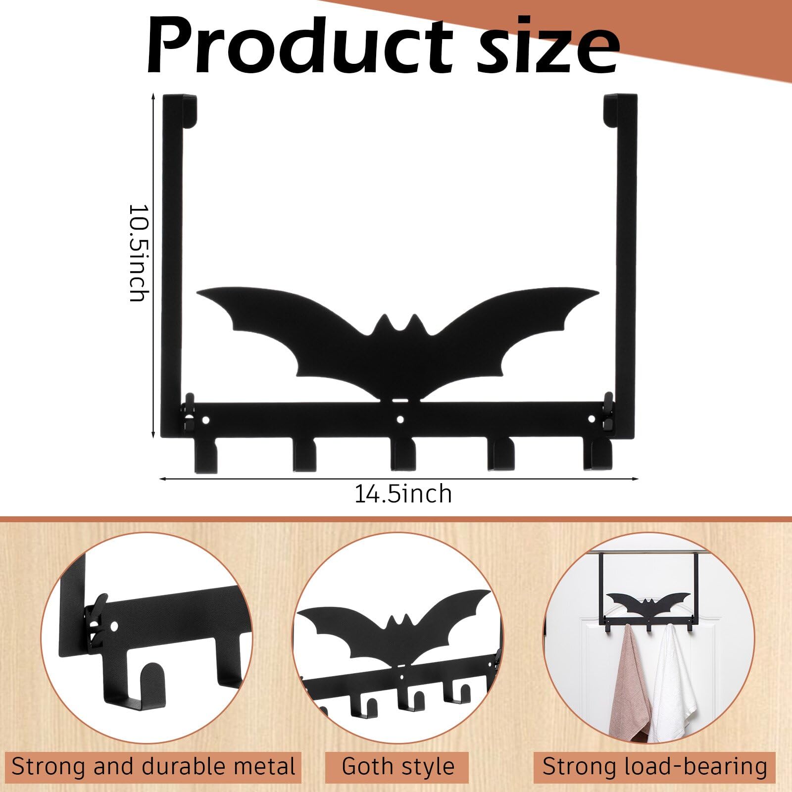 Reallnaive Over The Door Hooks Gothic Shelf Halloween Wall Decor Towel Holder for Bathroom Door Mount Wall Mount Towel Rack(Bat)