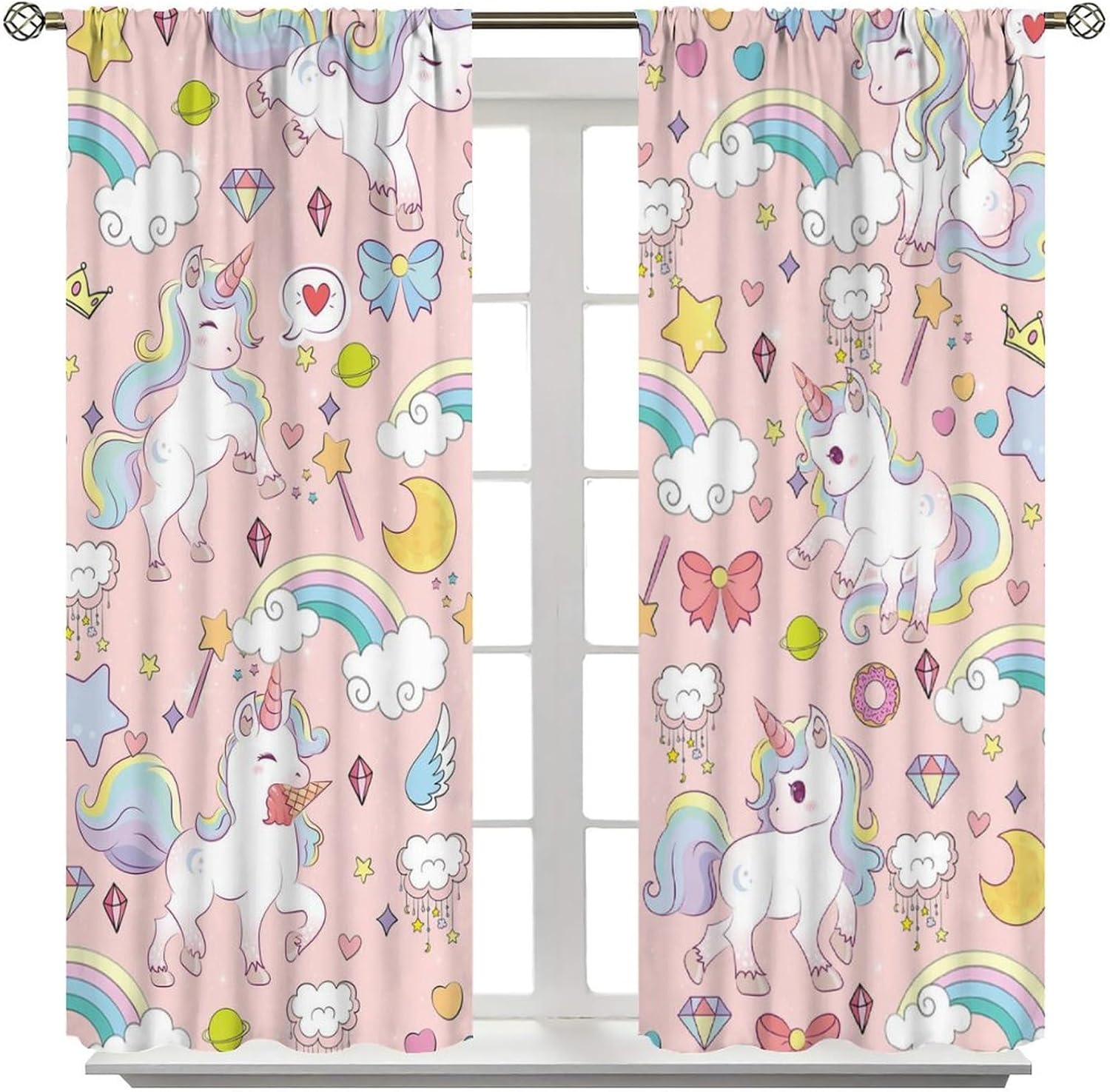 Brebasf Cute Cartoon Unicorn Curtains for Living Room Watercolor Kids Nursery Rainbow Colorful Clouds Moon Star Print Thermal Insulated Rod Pocket Blackout Curtains/Drapes 2 Panels 63" L x 31.5" W