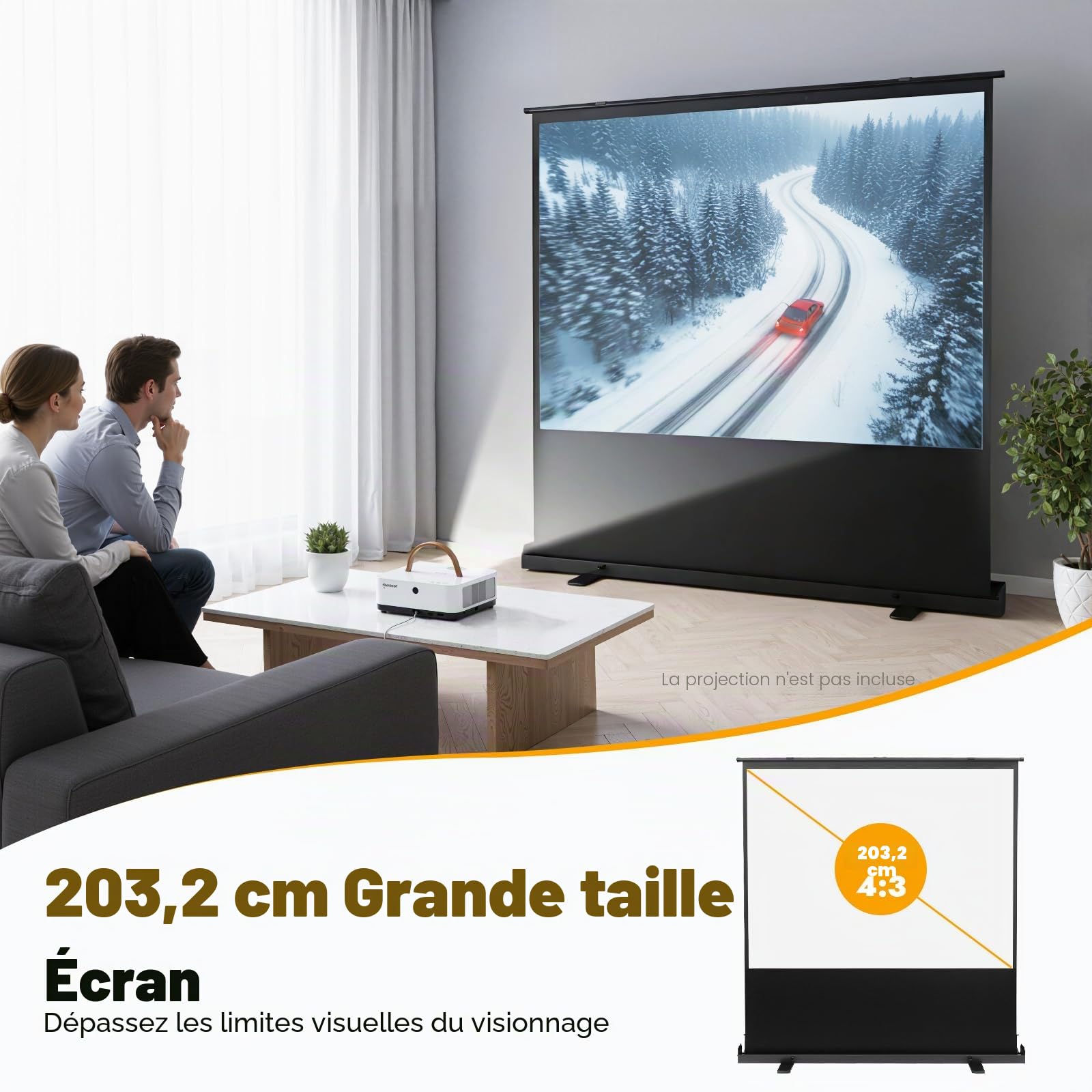 Écran de projection avec trépied 80 pouces, toile de projecteur portable rétractable 4:3 avec pieds de support en forme de X et système de ressort à gaz, pour extérieur, camping, home cinéma