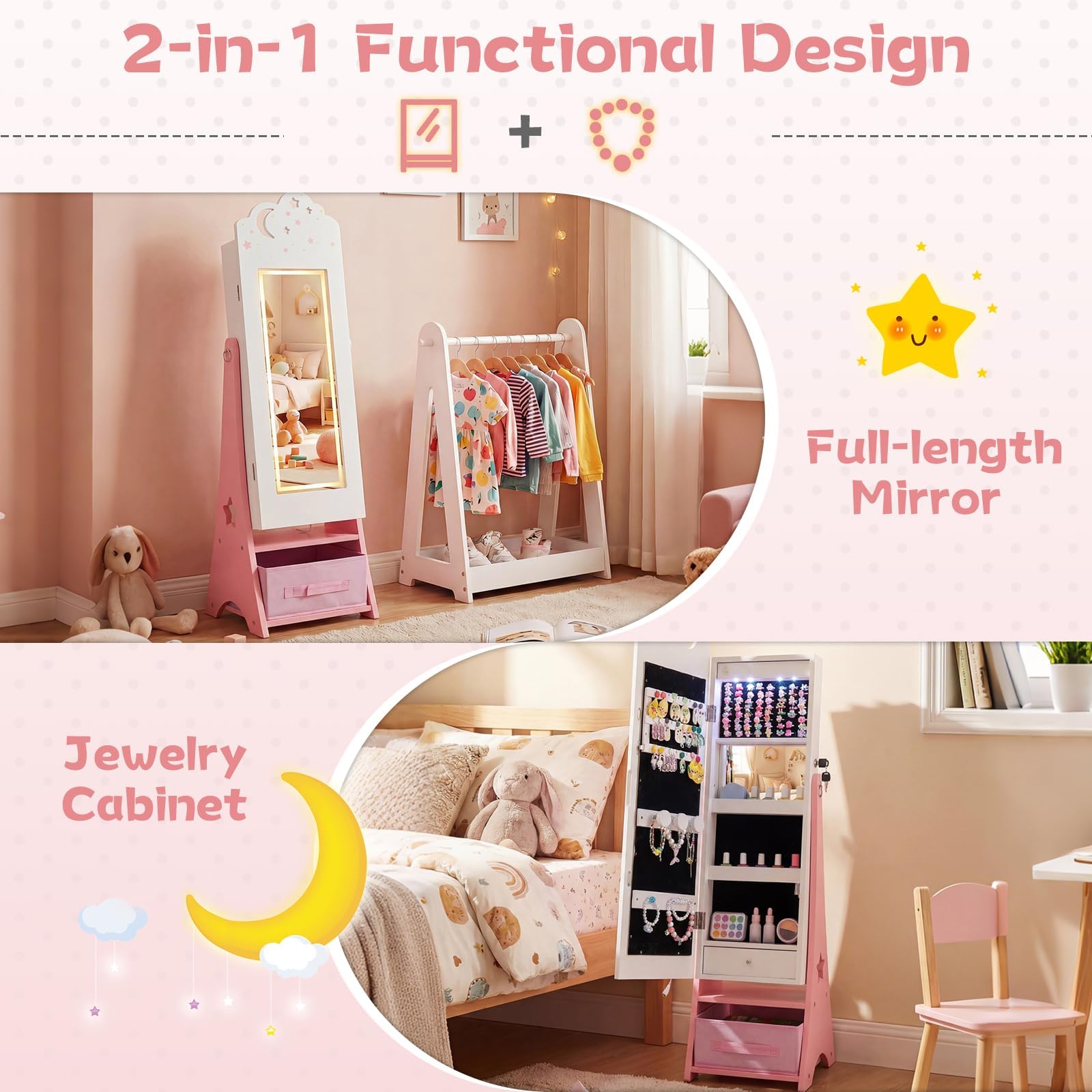 FANTASK Armoire à bijoux pour enfants - Armoire miroir avec éclairage LED et miroir complet - Verrouillable - Organiseur de bijoux inclinable avec miroir intérieur et tiroirs - Pour chambre d'enfant