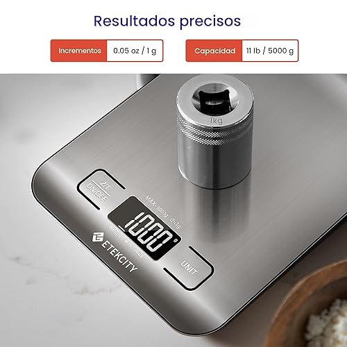 Miniatura 8 de Báscula de cocina digital multifunción Etekcity, báscula de alimentos, 11 lbs, plata, acero inoxidable (pilas incluidas).