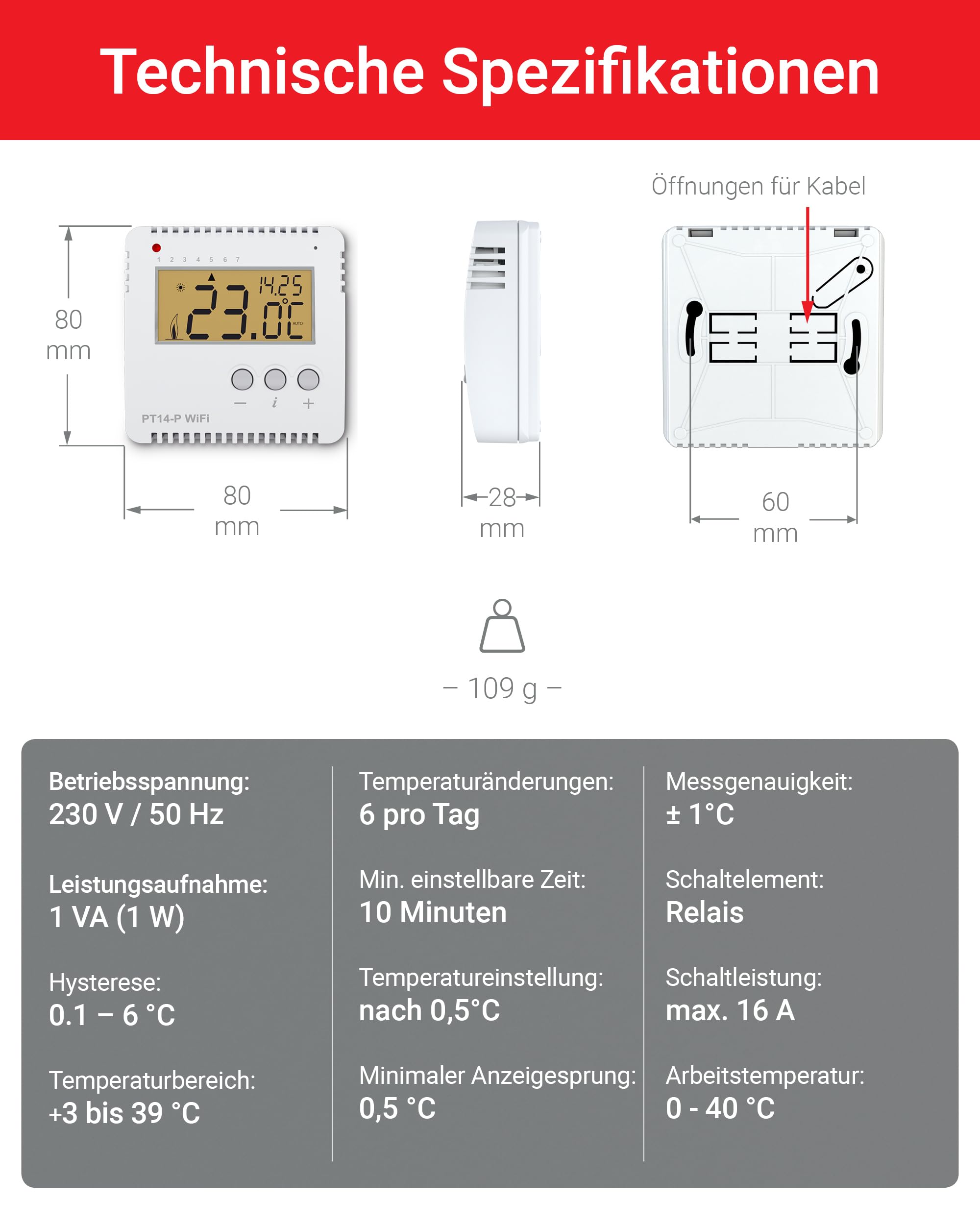 ELEKTROBOCK PT14-P WiFi - Smart WLAN Raumthermostat 230V - Heizungssteuerung per App - Aufputzmontage - 16 A - Für elektrische Heizungen - Einstellbare Wochenprogramme, Weiß