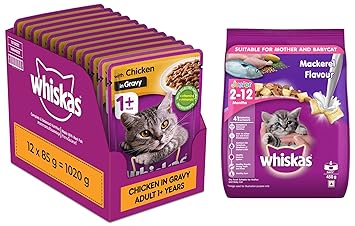 whiskas Adult Wet Cat Food, Chicken in Gravy, 12 Pouches (12 x 85g), Brown & Whiskas Kitten (2-12 Months) Dry Cat Food , Mackerel Flavour, 450g Pack