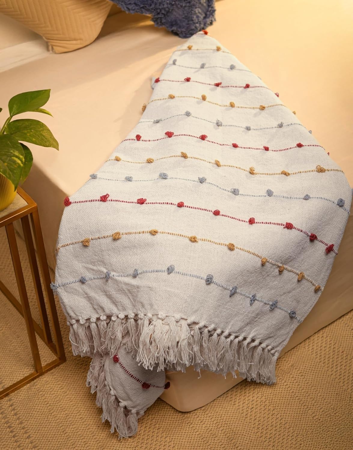 TARANTARAN Cotton Throw Blanket, 127x152 cm, White with Tufted Dots and Tassels, Modern Contemporary Design | Multi |-image-10