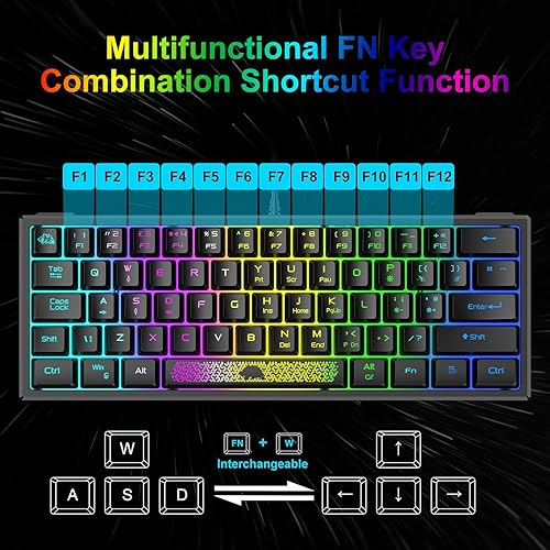 Miniatura 2 de Combo de teclado y mouse para juegos XINMENG 60% con retroiluminación RGB mini, sensación mecánica y mouse óptico mecánico RGB de 6400 DPI con Negro