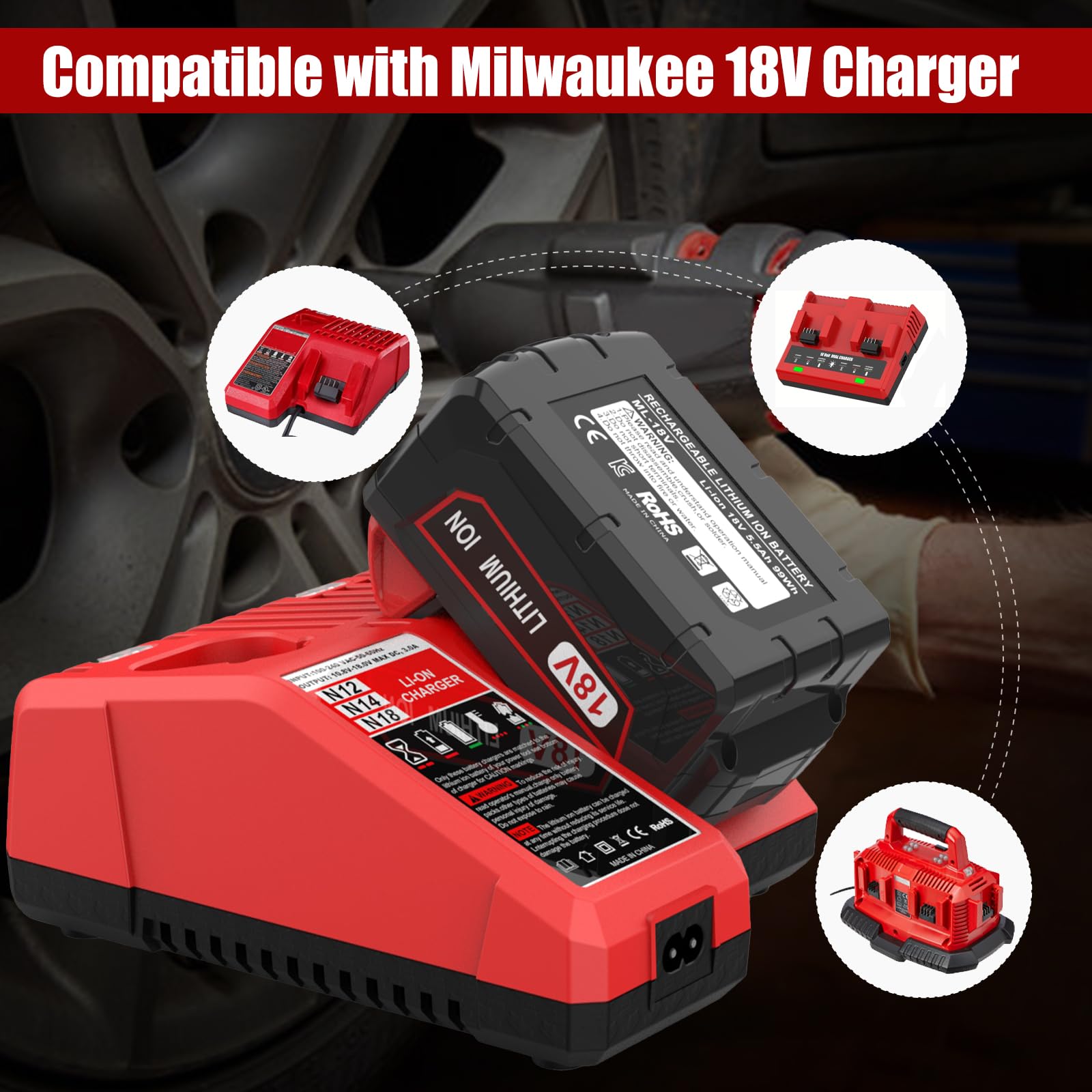 Energup 2X 18V 5.5Ah Batterie de Remplacement pour Milwaukee M18 Batterie 18V 48-11-1850 48-11-1860 48-11-1820 48-11-1830 avec Indicateur LED