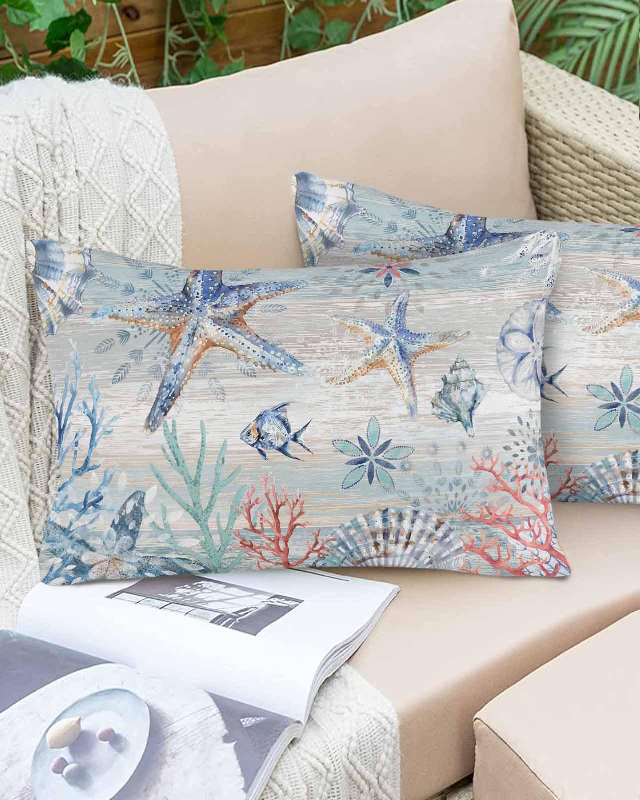 Boanket Lumbar Pillow Covers 12 x 20 in, Coastal Starfish Waterproof Throw Pillow Cover Set of 2, Nautical Summer Beach Coral Vintage Home Decorative Rectangle Cushion Covers for Patio/Couch/Garden