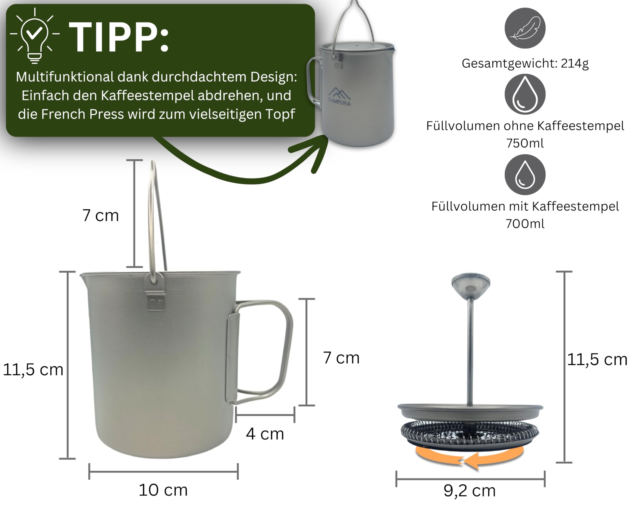 Titan Cafetière à piston - 750 ml - Filtre de précision - Léger et compact - Cafetière d'extérieur - Cafetière française de camping