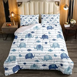 Erosebridal Cute Elephant Comforter Set Full Zoo Animal Print Down Comforter Boho Stars Moon Bedding Set for Kids Boys Girls Sun and Clouds Blue Stripes Quilt Duvet Set 2 Pillow Cases Bedroom Decor