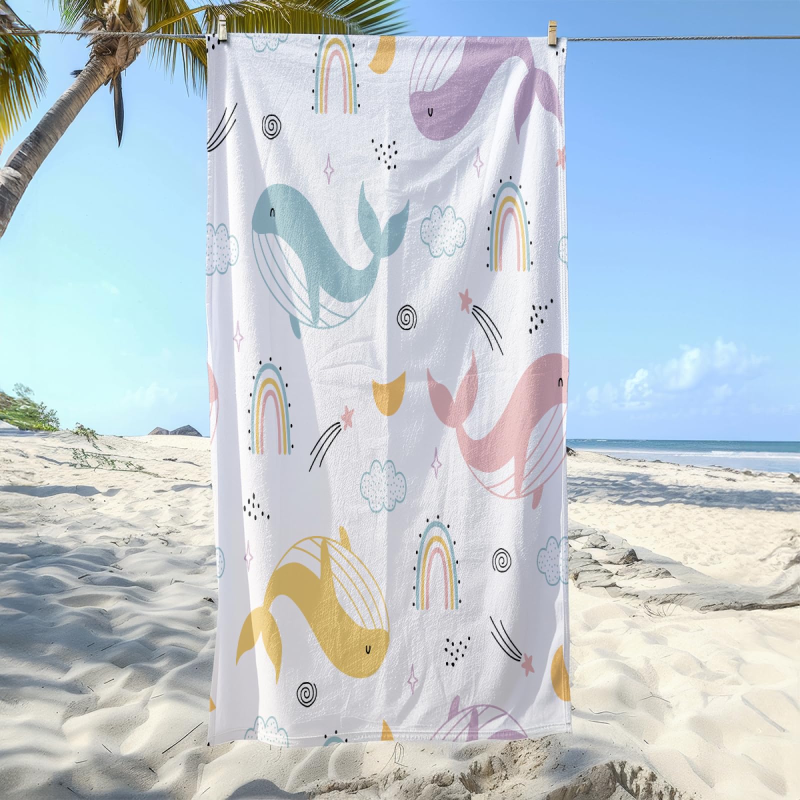 Serviette de Plage Baleine Rose Jaune Serviette de Bain Sport Piscine Toilette Microfibre Piscine Anti Sable Drap de Plage Bain xxl Ultraléger Portable Towel Absorbant Séchage Rapide 200x220cm