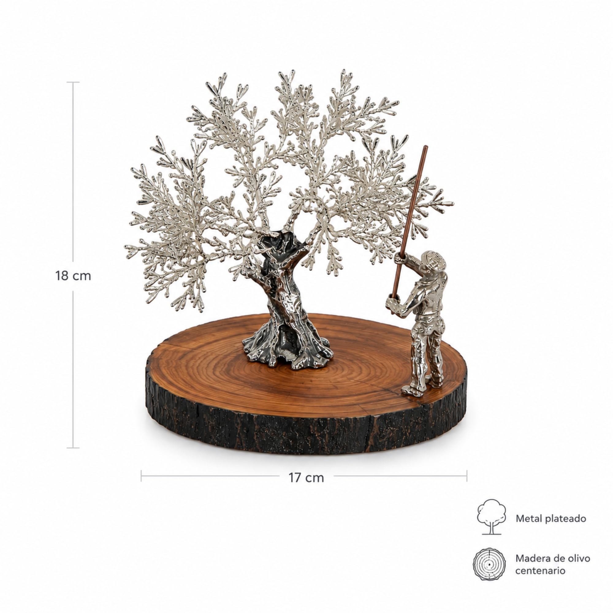 Escultura Decorativa Olivo con Vareador Artesanal en Plata sobre Madera de Olivo Centenario | Figura Decorativa para Salón y Despacho | Regalo Original para Boda, Jubilación y Navidad | 17x18 cm