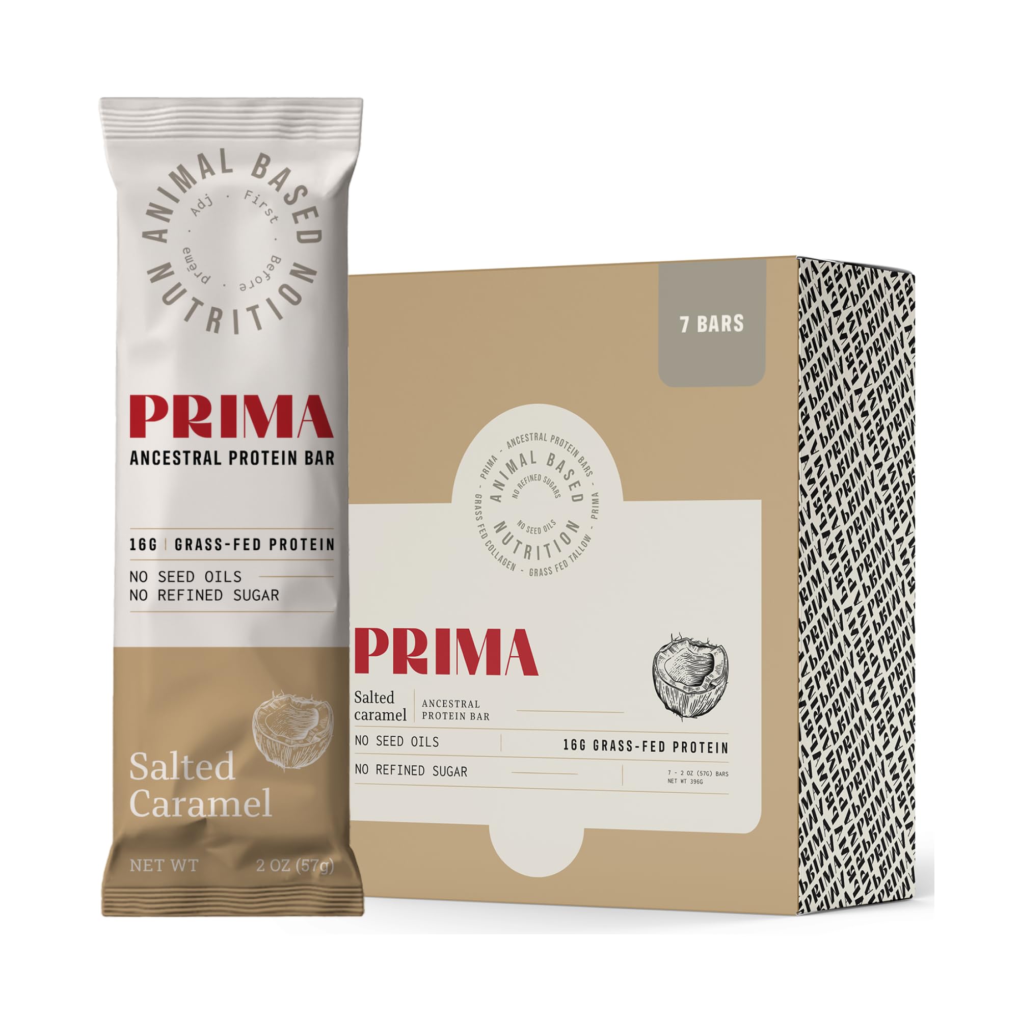 PRIMA ANCESTRAL PROTEIN BARGrass Fed Protein Bars, 7 Pack – Animal-Based Protein Bar with Beef Tallow, Raw Honey, Seed Oil Free, Low Carb, Gluten-Free – Healthy, Energy Snacks for Clean Lifestyle (7 Pack, Salted Caramel)