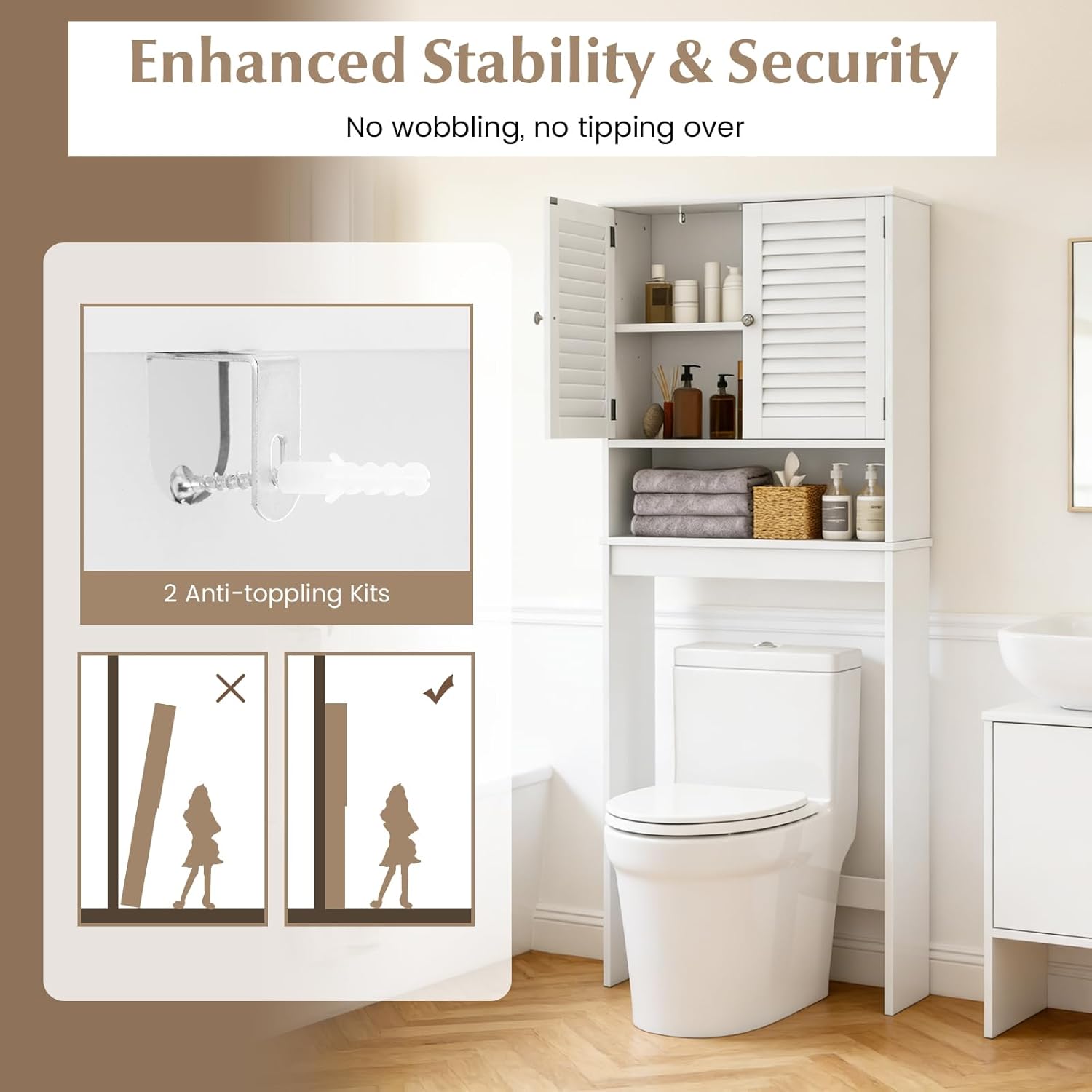 Giantex Over The Toilet Storage Cabinet, 3-Tier Over Toilet Bathroom Organizer with 2 Louvered Doors, Adjustable Shelf, Freestanding Above Toilet Space Saver for Restroom, Laundry Room