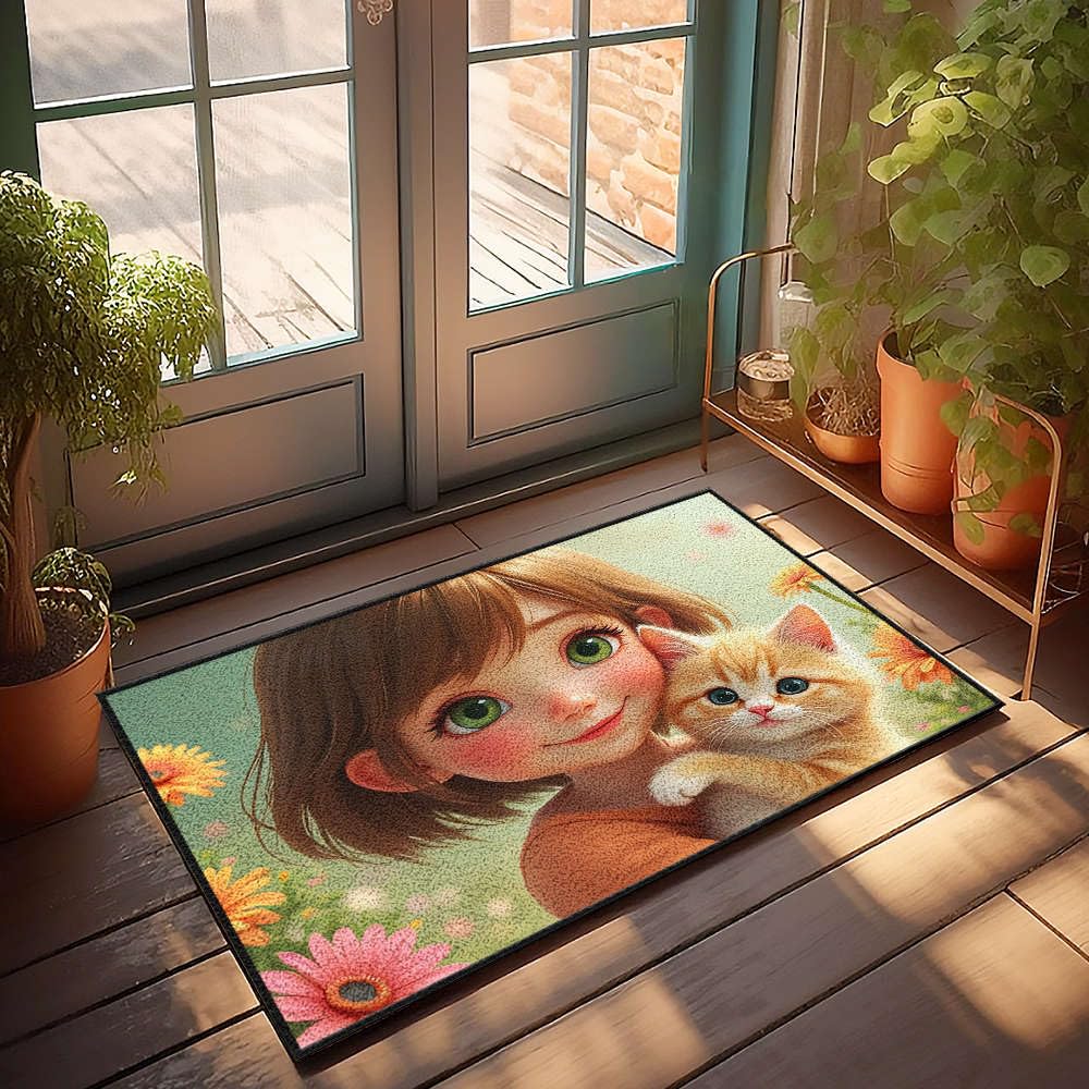 Tapis de Porte Absorbant et Anti-Poussière : Paillasson Fleurs et Chat 50x80cm