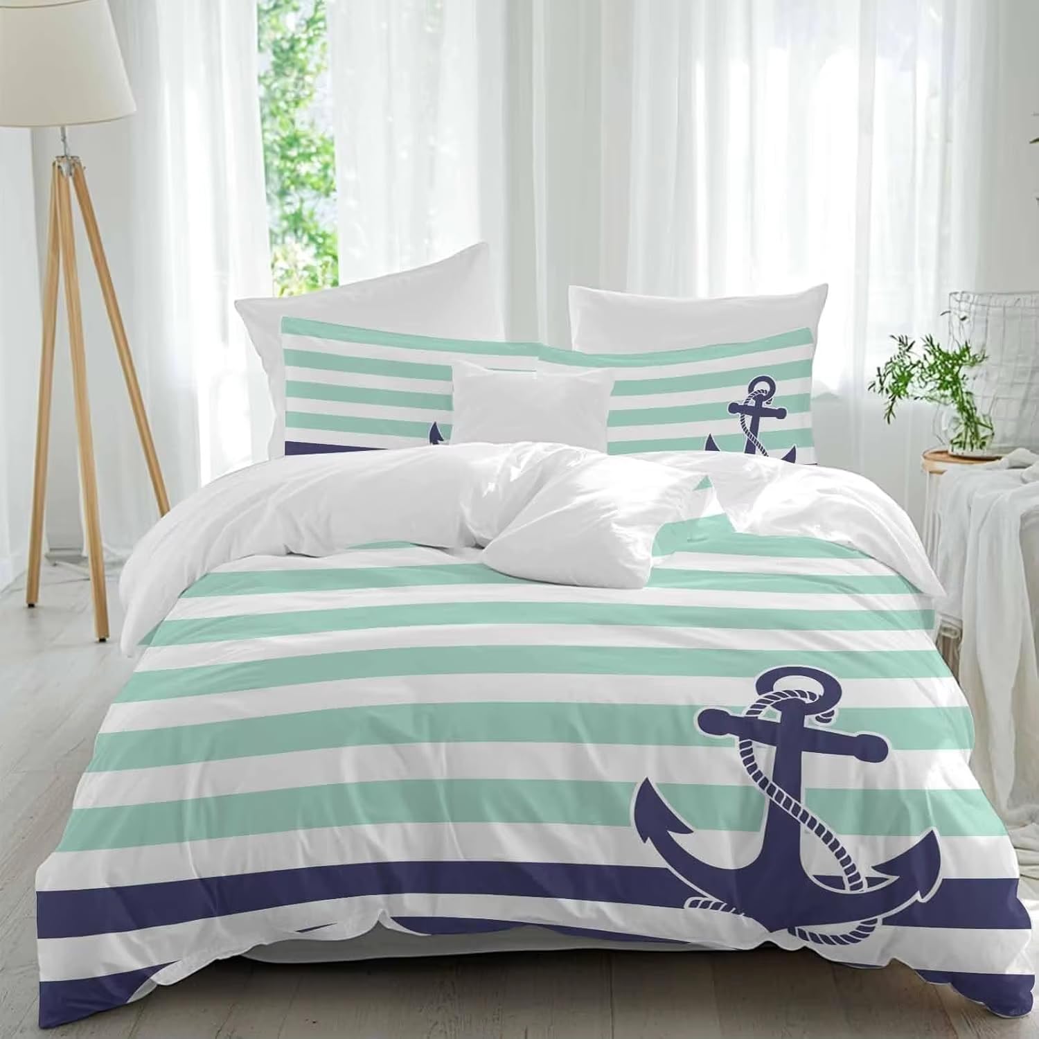 Housse de Couette 240x260 Ancre Nautique en Microfibre Douce avec 2 Taies