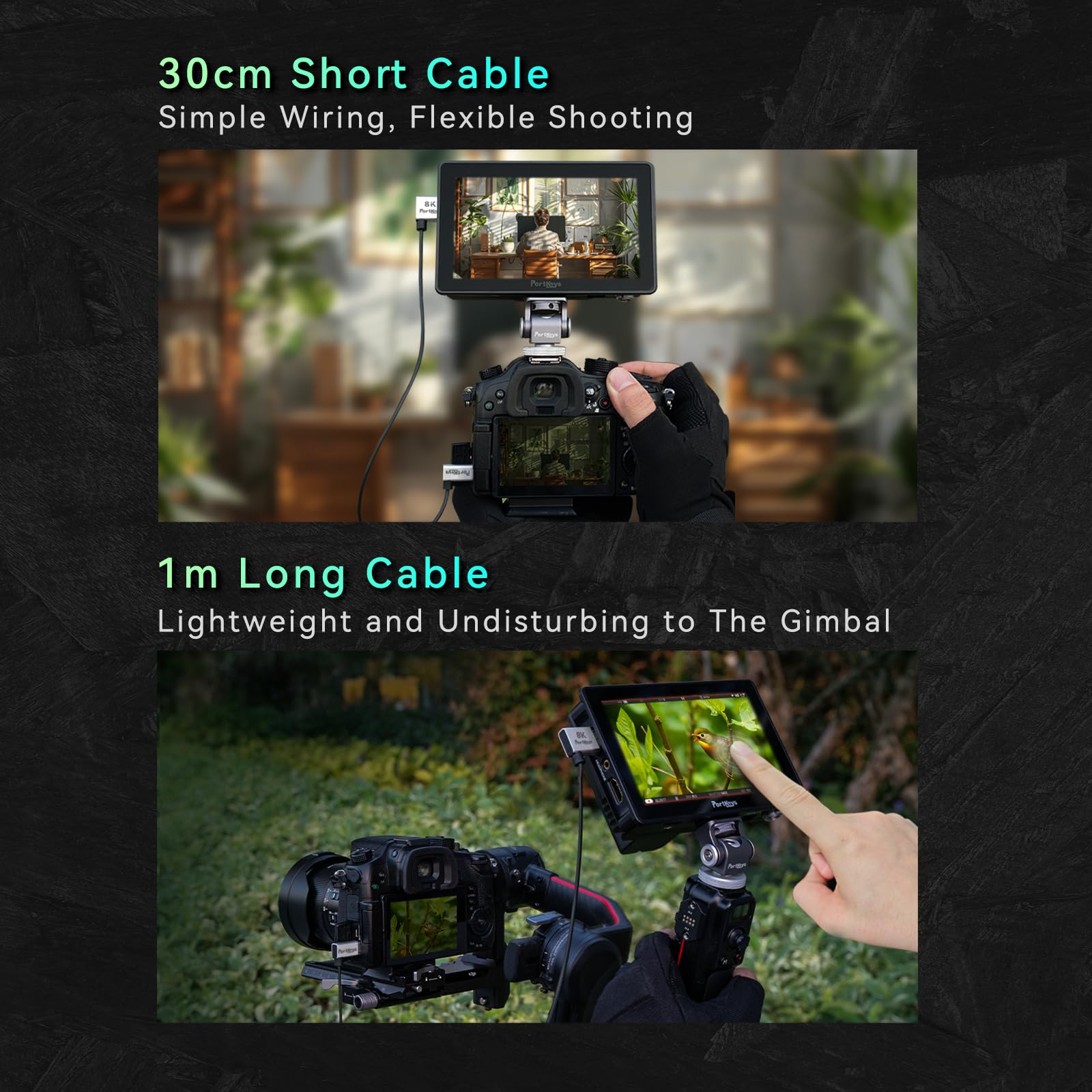 Portkeys 8K Câbles HDMI Lot de 2, Ultra-fin 2,5 mm, HDMI A vers D (Micro HDMI), 8K@60Hz, 48Gbps, HDR, eARC, pour moniteur caméra, Sony Alpha, gimbal, PC, (1m et 30cm Lot de 2 A-D)