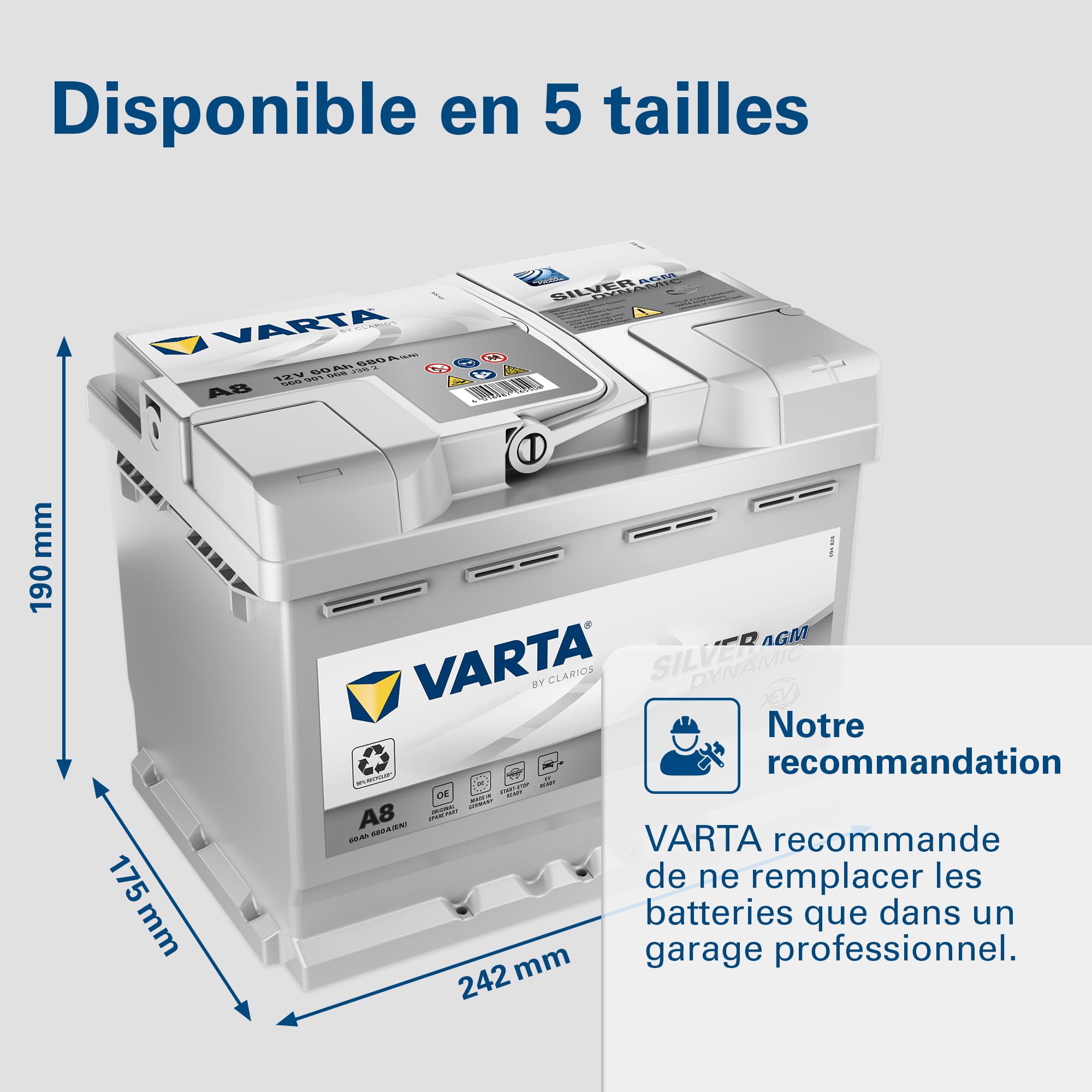 Batterie de démarrage XEV Varta Silver Dynamic AGM L2 A8 12V 60Ah / 680A 560901068