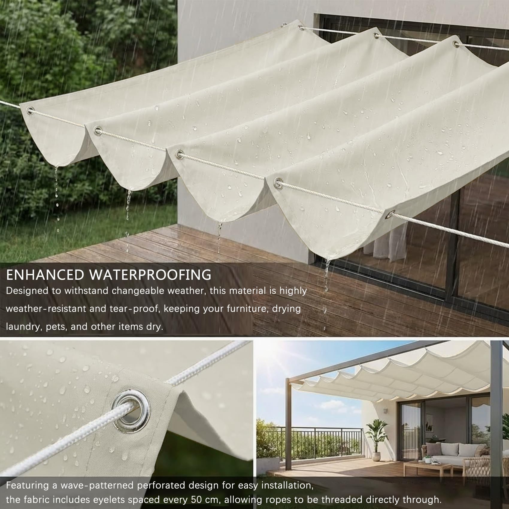 Einziehbares Sonnensegel 280 x 480 cm Sonnenschutz Wasserdicht Uv-Beständig, Nach Maß, Verstellbar, Reißfeste Schattenabdeckung mit Ösen Kordel für Terrasse Pergola Garten, cremefarben