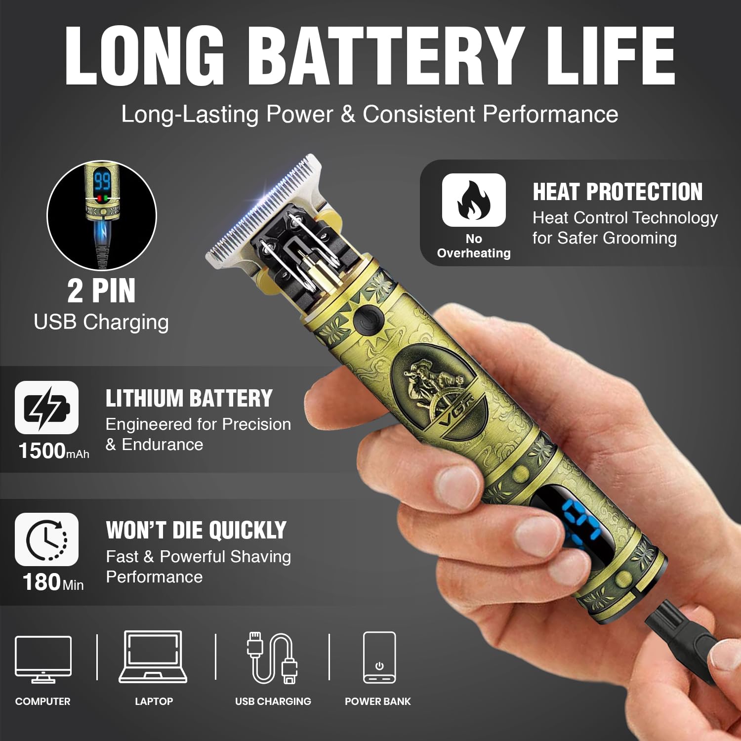 VGR V-228 Trimmer showing its 1500mAh lithium battery, 2-pin USB charging, and compatibility with various USB power sources.