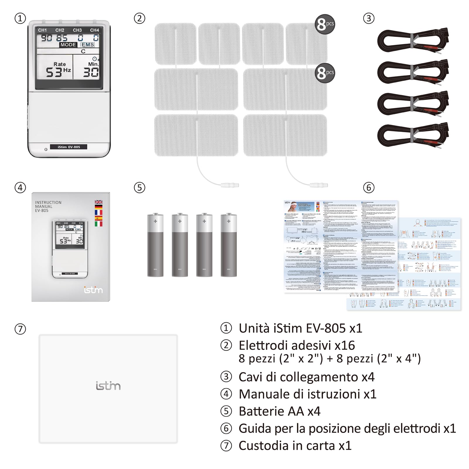 iStim EV-805 TENS EMS 4 Canali – Stimolatore Muscolare e Nervoso, Sollievo Dolore Cronico e Acuto, Terapia per Schiena, Cervicale, Articolazioni, Sciatica e Corpo – Include 16 Elettrodi Riutilizzabili