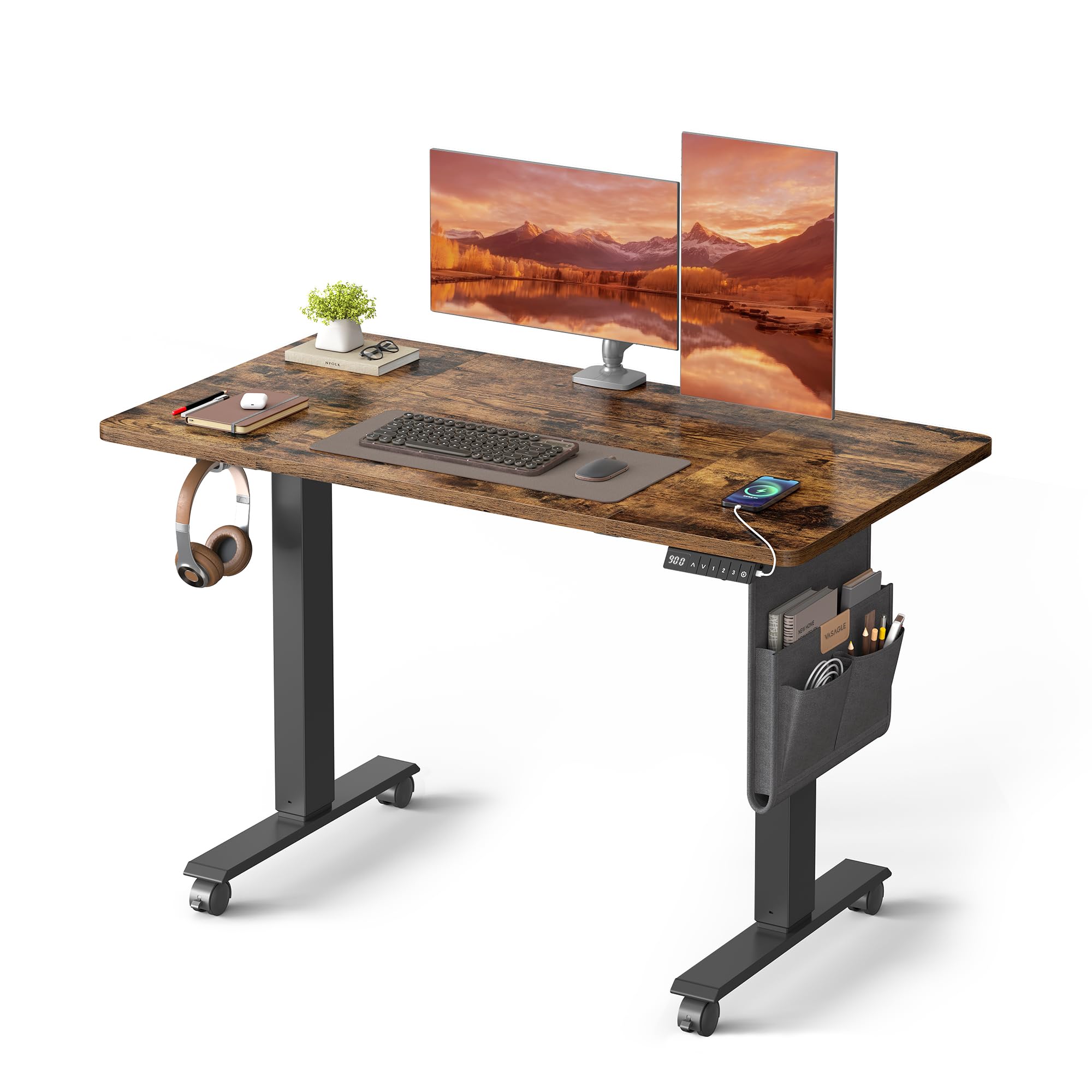 VASAGLE Bureau Assis-Debout, Bureau Électrique Réglable en Hauteur, 60 x 120 x (72-120) cm, Réglage en Continu, Fonction Mémoire 4 Hauteurs, Marron Rustique LSD172X01V01