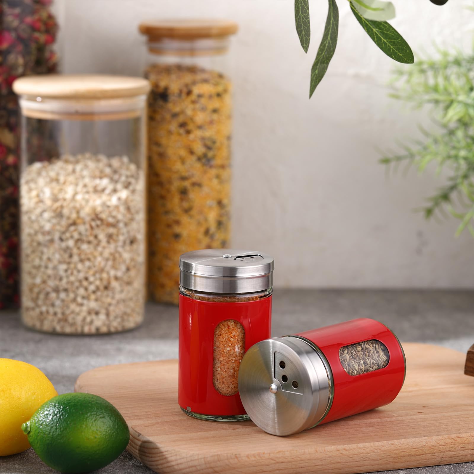 Teenyyou Juego de salero y pimentero de acero inoxidable con agujeros, dispensador de especias de acero inoxidable con agujeros ajustables, decoración moderna para encimera de cocina (rojo)