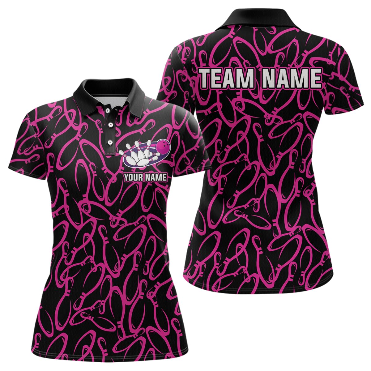 PIONAMZIOZ Custom Camo Pink Bowling Pin Pattern Bowling Team Shirt Polo & Quarter Zip Bowling Outfit (US, Alpha, Small, 5X-Large, Regular, Regular, Women Polo)