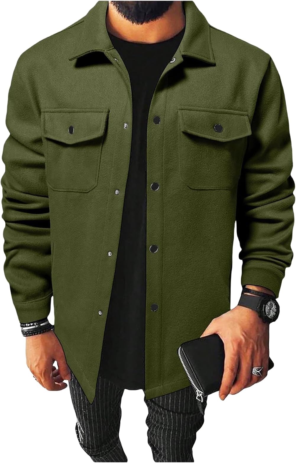 Men's Lightweight Shacket Shirt Casual Long Sleeve Button Down Overshirt Fall Winter Fleece Coats with Pocket