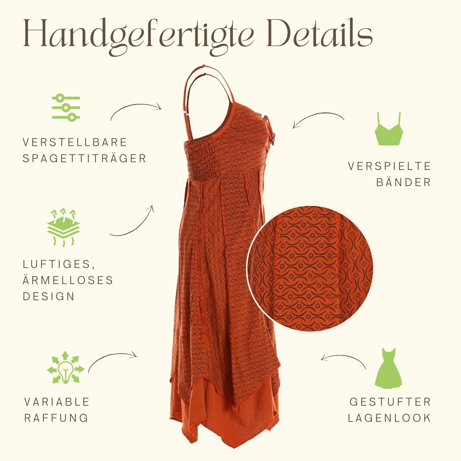 Vishes Damen Sommerkleid mit Spaghettiträgern I 100% Baumwolle I Stylisches Sommerkleid für Freizeit & Alltag I Nachhaltige Alternative Bekleidung