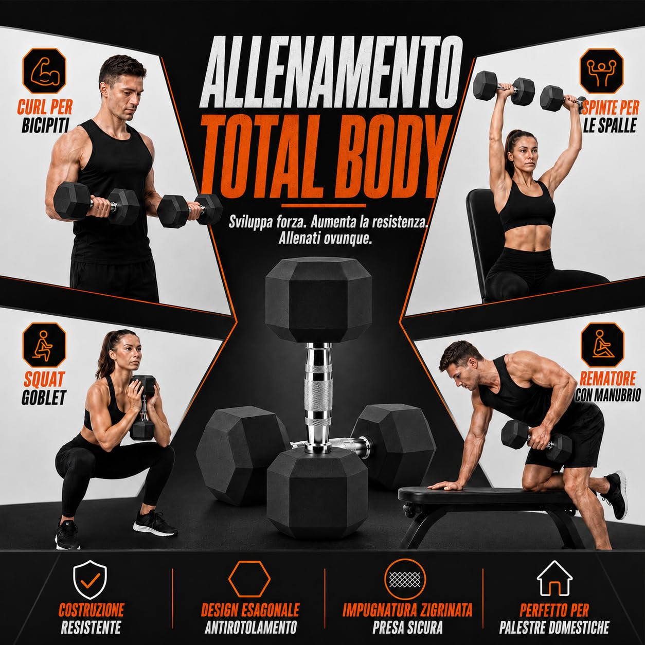 Hexagon NT162 - Set di manubri corti in gomma rivestita, per uomo e donna, 5 kg, 7 kg, 10 kg, 12,5 kg, 15 kg, 20 kg, 25 kg, NT162