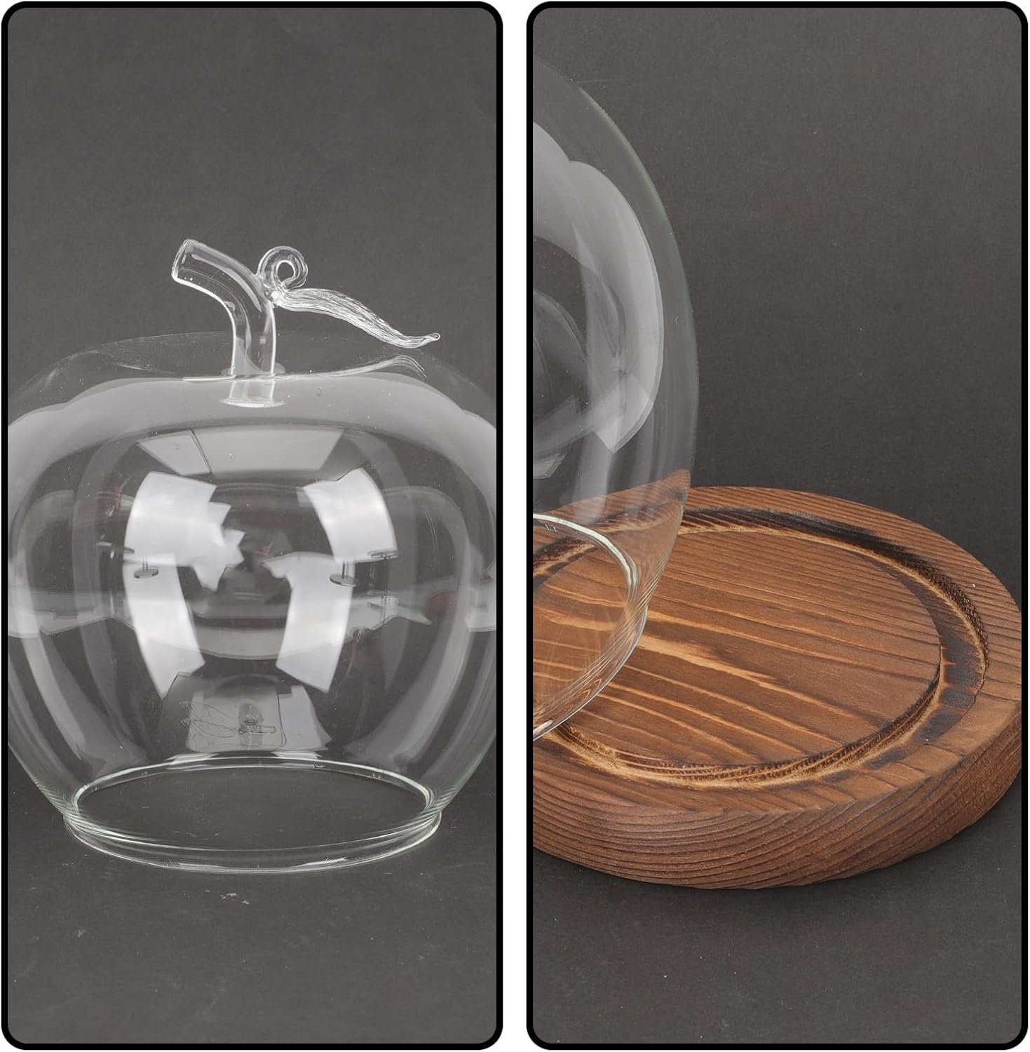 Glass Display Cloche Dome with Soild Wood Base: Apple Shape Glass Cover for Flower Storage Bottle Office Home Christmas Party Favordecoration 5. 3" X 5. 1"