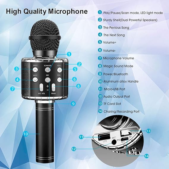 ShinePick Karaoke Kids Microphone, 5 in 1 Recording & Singing Microphone Toy for Children, Dancing LED Lights Portable Karaoke Speaker Machine Wireless Bluetooth for Phone/Pad/TV (Black)