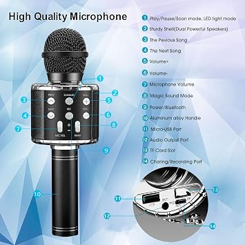 ShinePick Karaoke Kids Microphone, 5 in 1 Recording & Singing Microphone Toy for Children, Dancing LED Lights Portable Karaoke Speaker Machine Wireless Bluetooth for Phone/Pad/TV (Black)