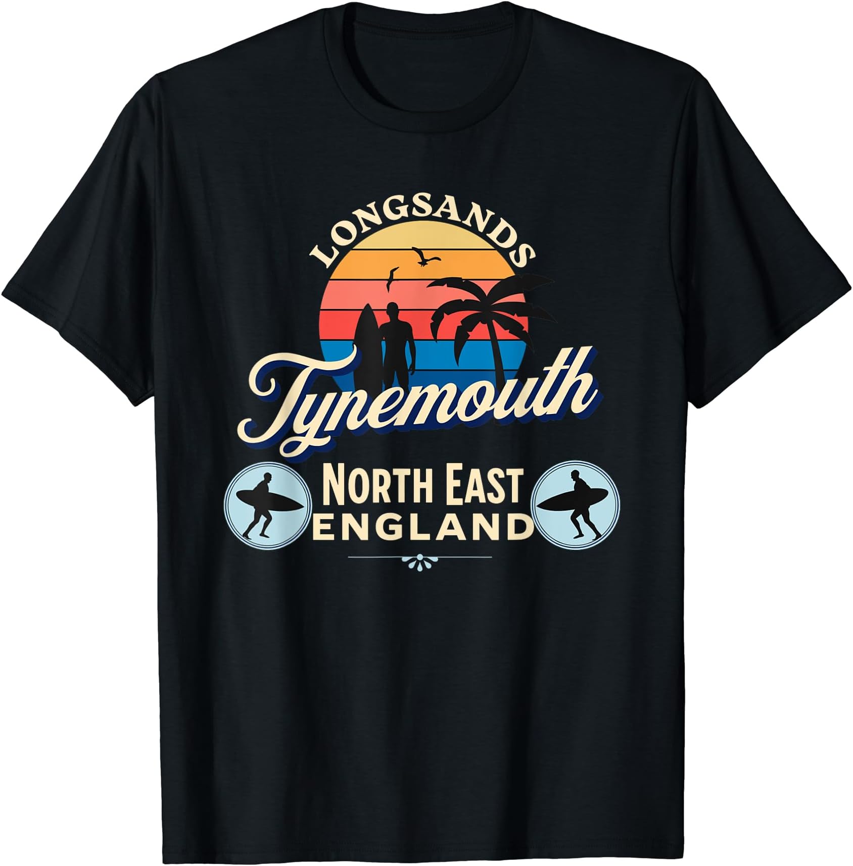 Longsands Tynemouth North East Sunset Palm Tree Surfer T-Shirt