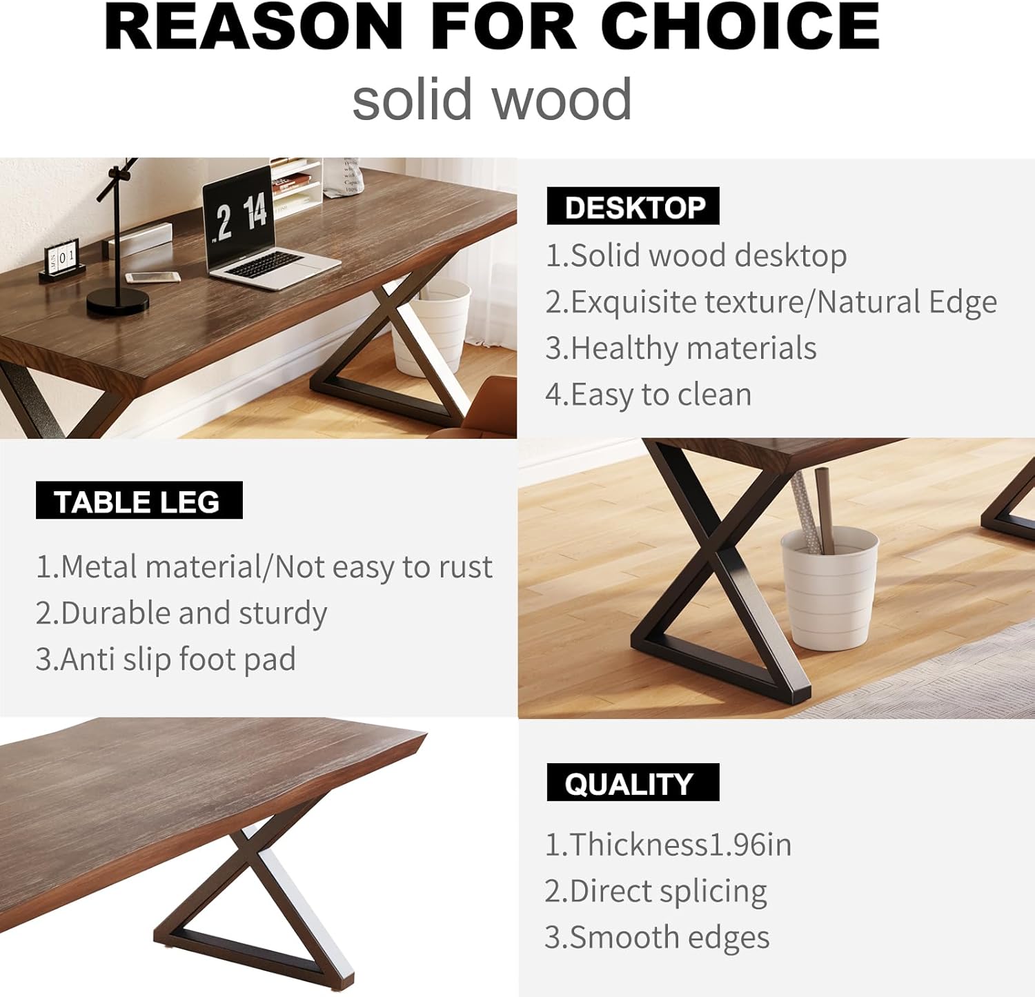 Solid Wood Desk 55 Inch,Home Office Desk,Office Furniture Butcher Block Studio Desk Rustic Brown Desk Heavy Duty Business Desk（Table Thickness:1.96 inches）