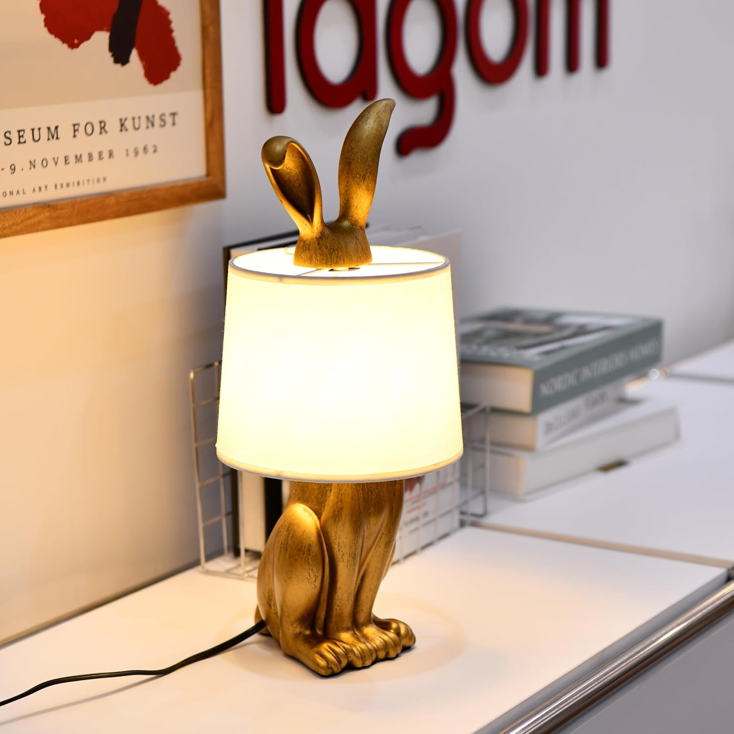 Bunny Table Lamp, Cute Animal Rabbit Lamp,Bunny Lamps,15.7" Vintage LED Desk Light with Linen Lampshade,Gold Main Part Beside Lamp for Bedroom, Study Room, Office, Nursery, Home Decor (Linen White)