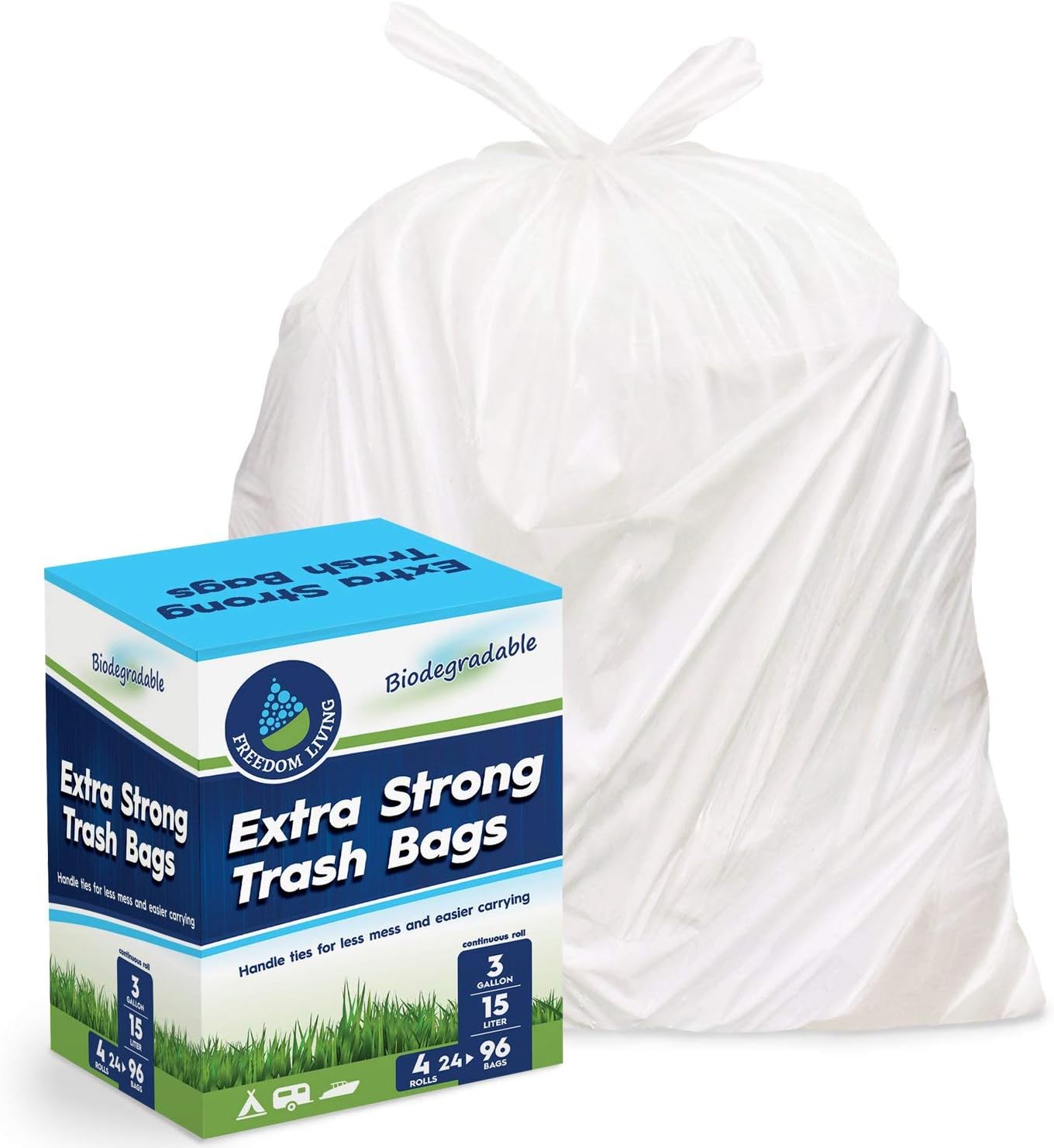 Biodegradable Trash Bags 3 Gallon 96 Count Heavy Duty White Bags with Handle Ties for Garbage in Kitchen, Yard, Lawn, Contractor, Janitorial or Office