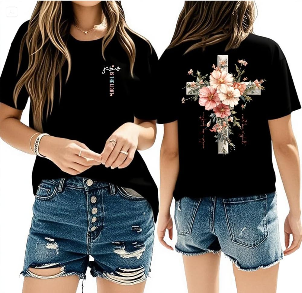 Faith Cross Christian T-Shirt with Boho Floral Cross Print Short Sleeve Casual Graphic Tee for Women - Image 3