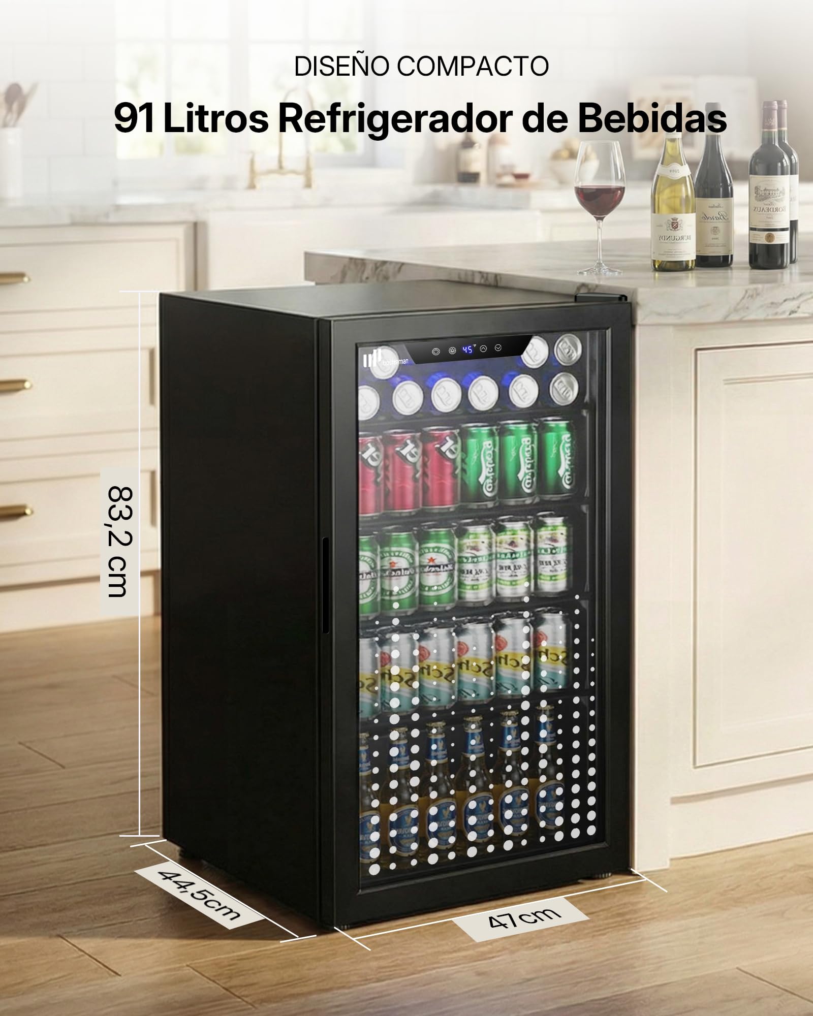 Upstreman Frigorífico de Bebidas 91 L, Mini Nevera con Puerta de Vidrio Doble, Iluminación LED, 4 Estantes Ajustables, 0-15℃, para 126 Latas, Nevera Pequeña para Refrescos, Cerveza y Vino