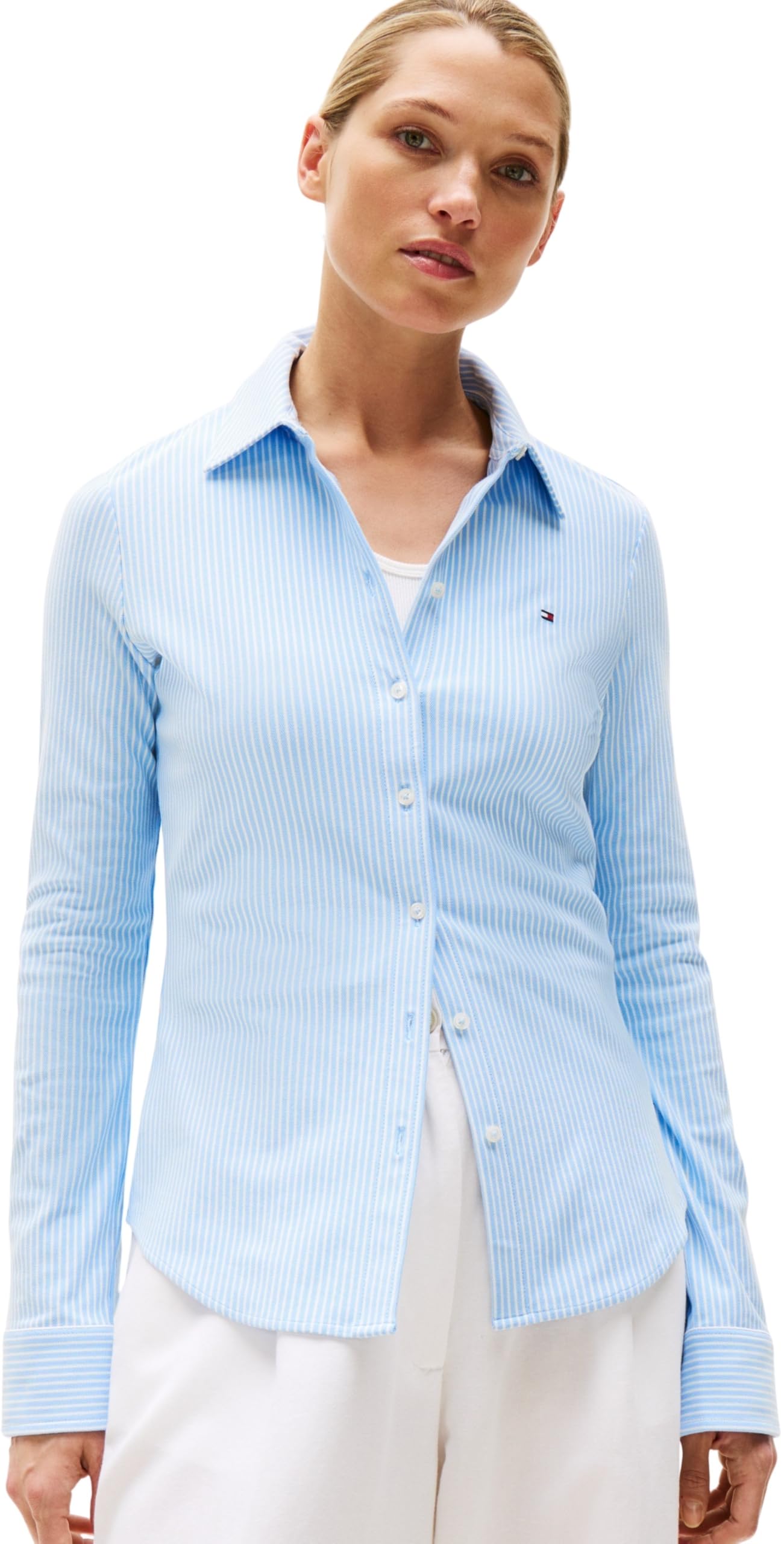 Tommy Hilfiger Women’s 1985 Slim Shirt with Pointed Collar, Multicolor (Ithaca STP/Vessel Blue), S