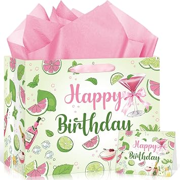 Margarita Party Decorations for Women Happy Birthday Gift Bag Pink Martini Theme Birthday Wrapping Paper with Tissue Paper Greeting Card Green Gift Bags with Ribbon Handle for Baby Shower Supplies