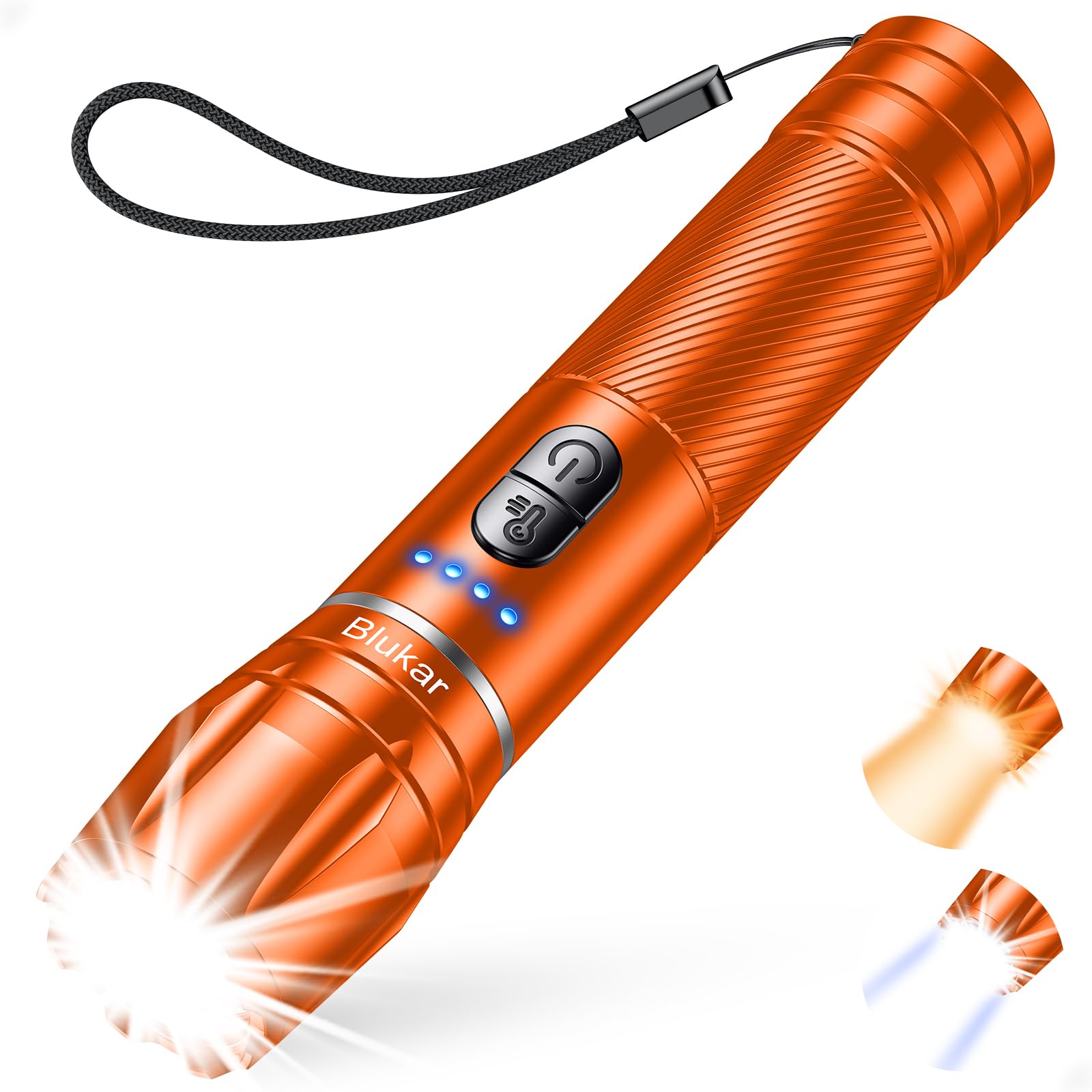 Blukar LED Taschenlampe 2 Farbtemperatur, Superhell Zoombar Taschenlampen Aufladbar mit 10 Lichtmodi, Lange Akkulaufzeit, Wasserdicht Handlampe Flashlight für Wandern, Outdoor, Notfäll -Orange
