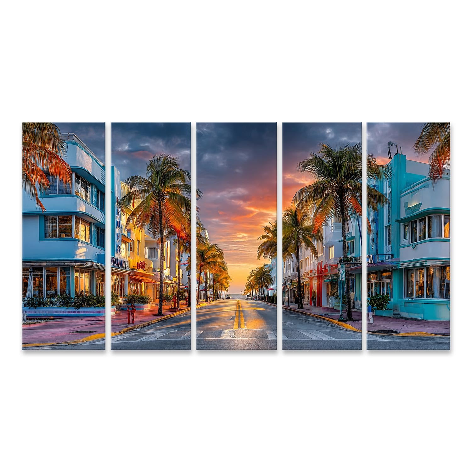 islandburner Cuadro sobre lienzo bordeado de palmeras al atardecer en Miami Beach - 5 piezas XXL