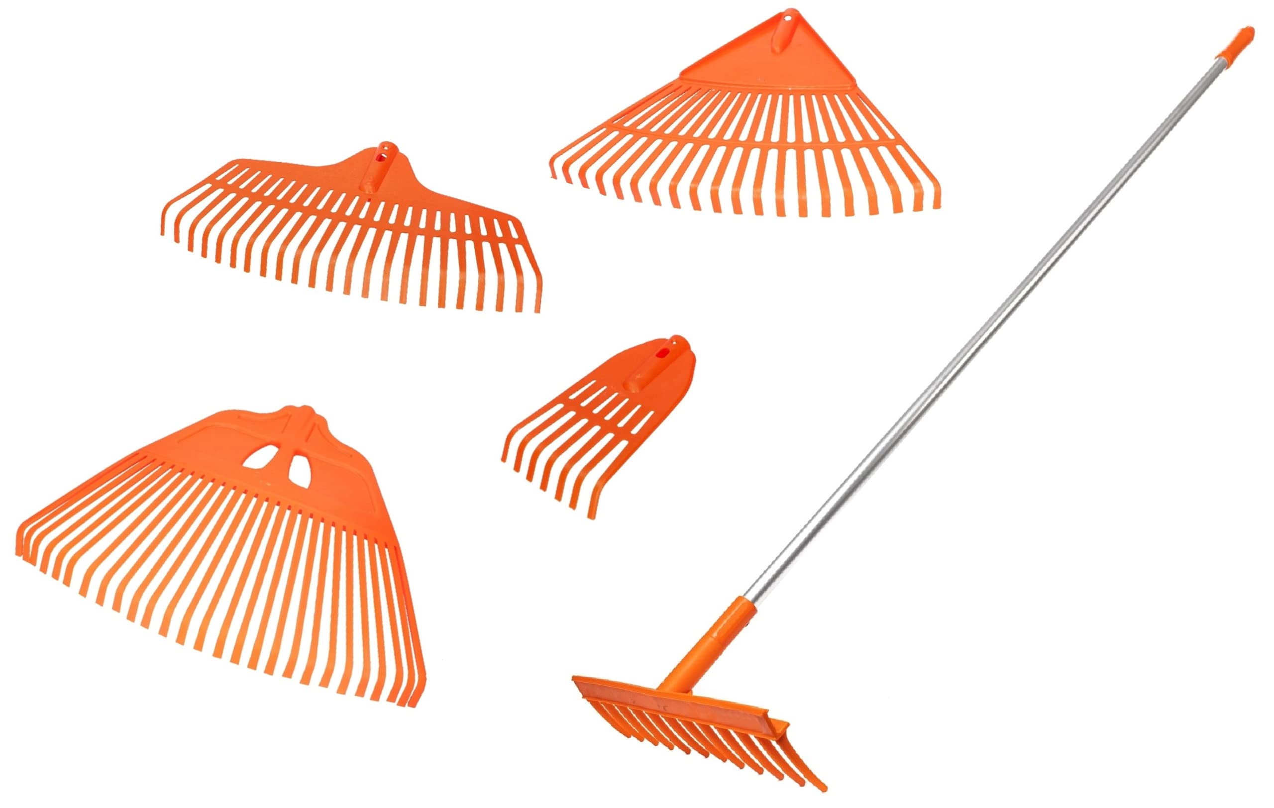 KOTARBAU® Set 5 Piezas Rastrillo Jardin - Rastrillo Hojas Jardin - Plástico - 150 cm - Naranja - con Mango de Aluminio - Accesorios Intercambiables - Herramienta Multifunción - Extra-Click