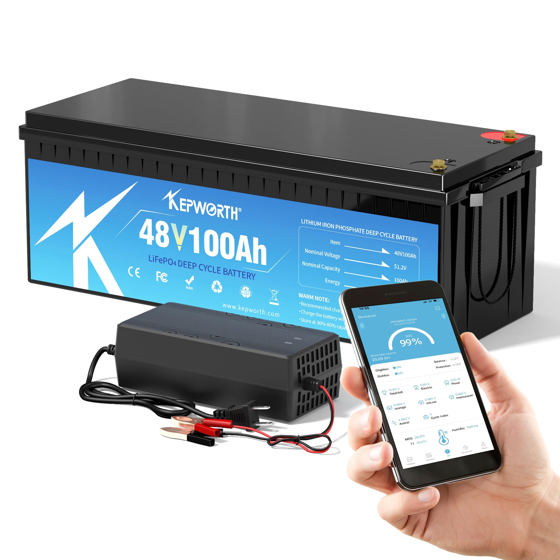 KEPWORTH 48V 100Ah LiFepo4 Battery, Deep Cycle Lithium Batteries with 200A Bluetooth BMS, 10 Years-Lifetime, Perfect for Golf Carts, Boat, Trolling Motor, Lawn Mower, Solar, Off-Grid Life