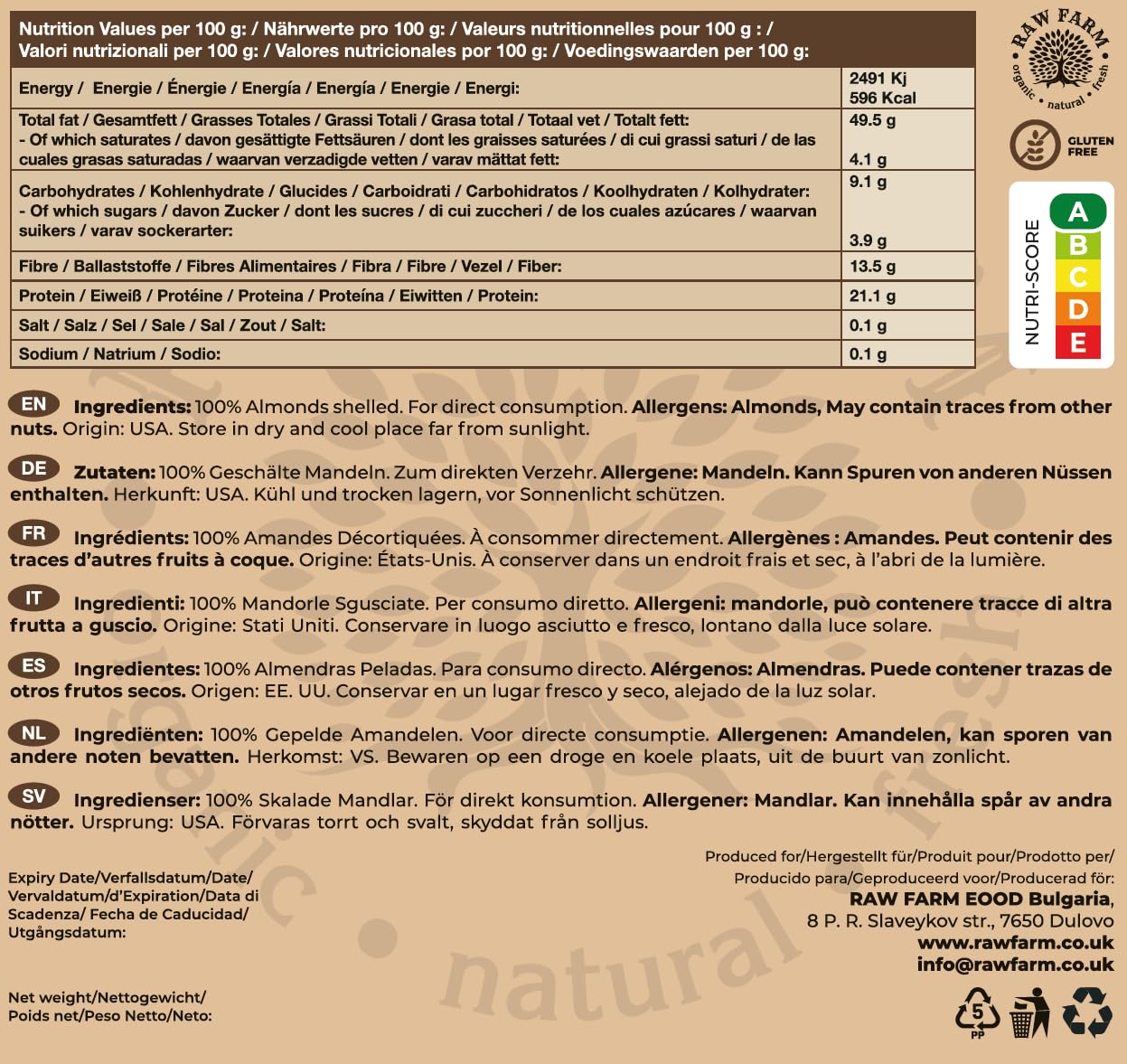 Raw Farm – Almendras crudas enteras – 1 kg | 100% naturales, sin tostar y sin sal | Veganas, aptas para Keto y Paleo | Ricas en proteínas y fibra